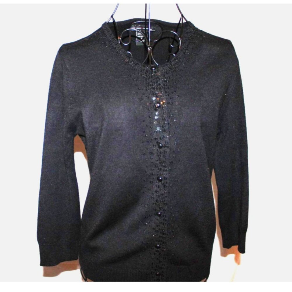 NY & Co Black Sequin Cardigan Sweater Button Front Long Sleeve Sz M Knit